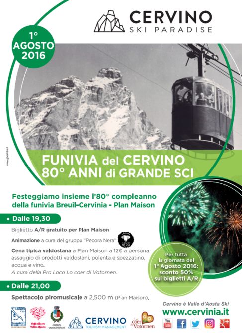 Per gli 80 anni della funivia Breuil-Cervinia con Plan Maison animazioni e fuochi d’artificio