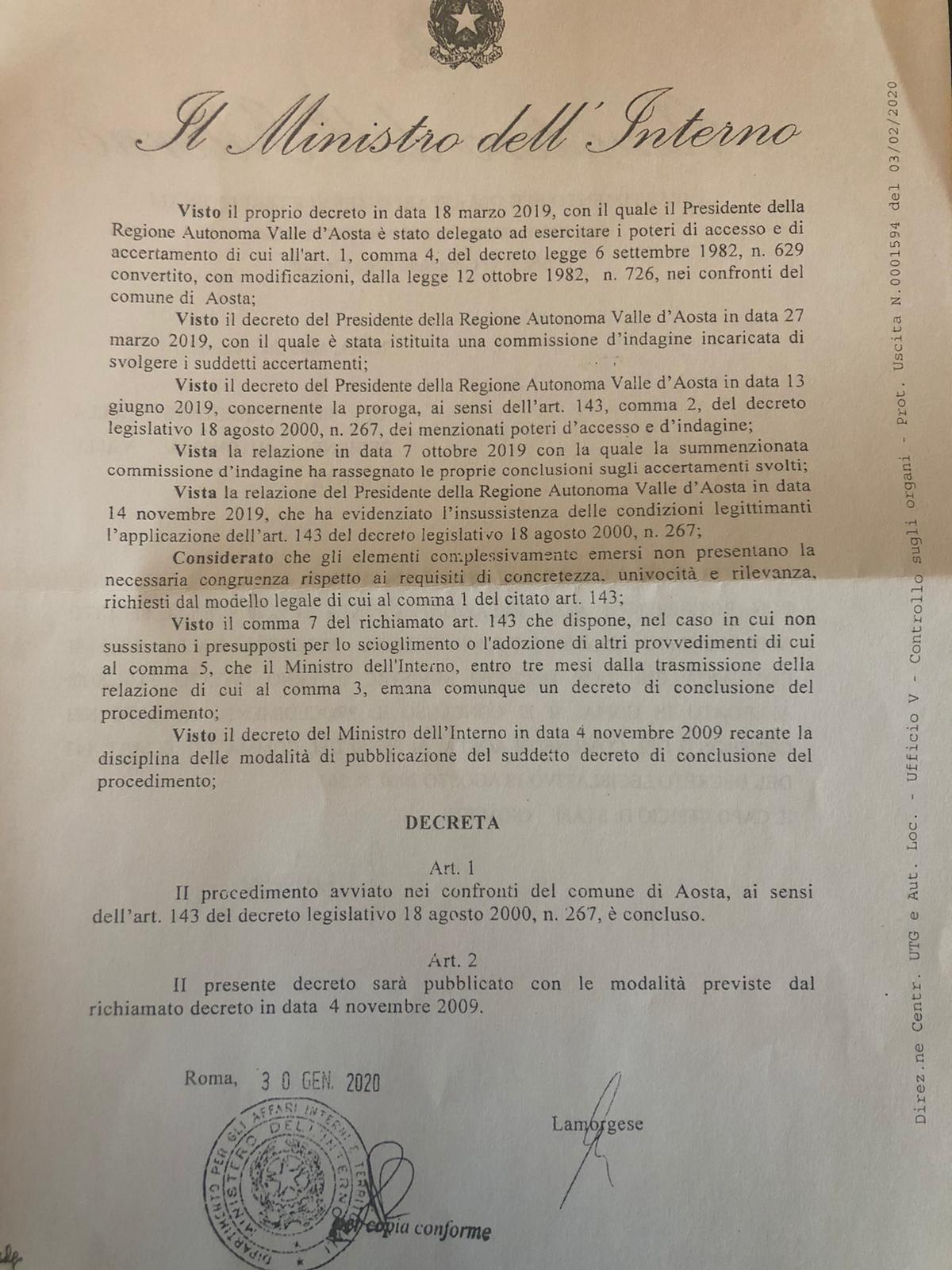 Decreto Ministero accesso antimafia Aosta 