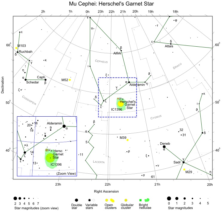 Il disegno della costellazione di Cefeo, con la lettera greca “mu” che indica la posizione della stella Mu Cephei Crediti: freestarcharts https://freestarcharts.com/mu-cephei