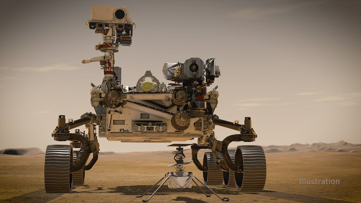 Didascalia rollover: Rappresentazione artistica del rover Perseverance e del drone Ingenuity su Marte Credit: NASA/JPL-Caltech https://mars.nasa.gov/resources/25118/portrait-of-perseverance-and-ingenuity-artists-concept/