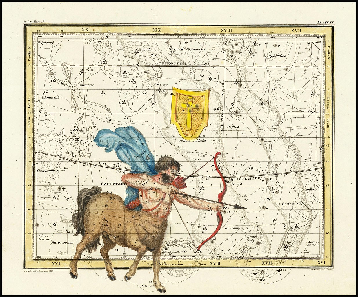 La costellazione del Sagittario, con in alto quella dello Scudo, nel volume A Celestial Atlas di Alexander Jamieson (1822) Crediti: Wikimedia Commons https://commons.wikimedia.org/wiki/File:1822_-_Alexander_Jamieson_-_Sagittarius,_The_Archer.jpg