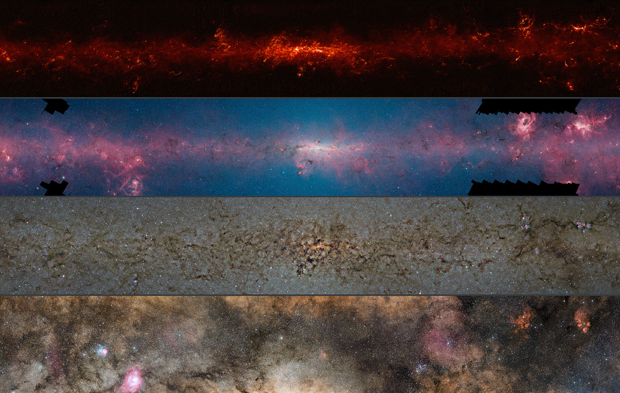 La regione centrale della Via Lattea osservata nelle microonde, infrarosso lontano, infrarosso vicino, luce visibile (dall’alto in basso); i colori nella banda diversa dall’ottico sono arbitrari Credit: ESO/ATLASGAL consortium/NASA/GLIMPSE consortium/VVV Survey/ESA/Planck/D. Minniti/S. Guisard - Acknowledgement: Ignacio Toledo, Martin Kornmesser https://www.eso.org/public/images/eso1606d/