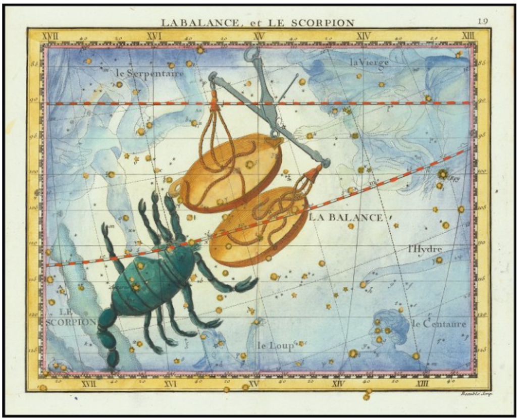 Le costellazioni dello Scorpione e la vicina Bilancia in una bella mappa tratta dal volume “Atlas céleste de Flamstéed” di Jean Nicolas Fortin, pubblicato a Parigi nel 1795. Credit: https://www.raremaps.com/gallery/detail/66679/la-balance-et-le-scorpion-libra-scorpio-flamsteed-fortin