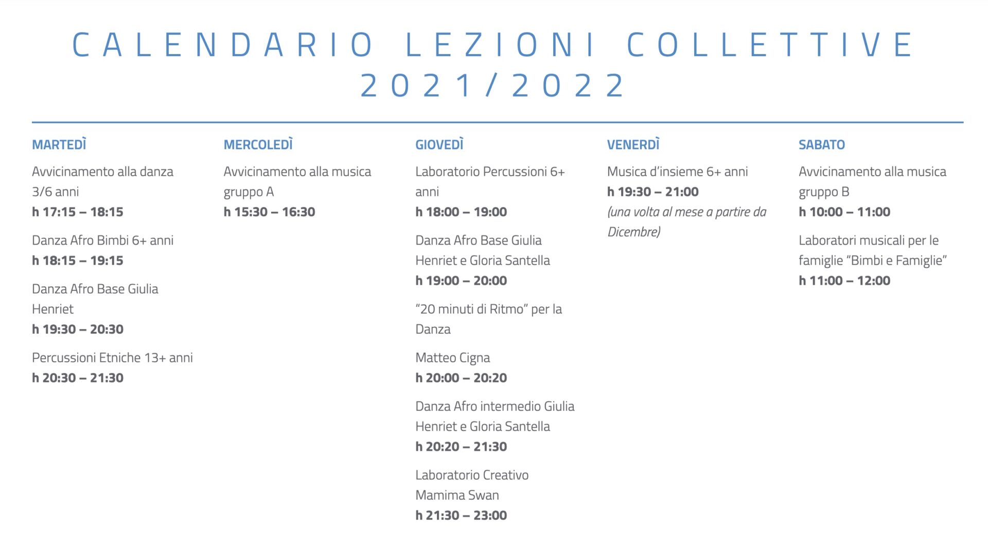 Calendario SGMD lezioni collettive