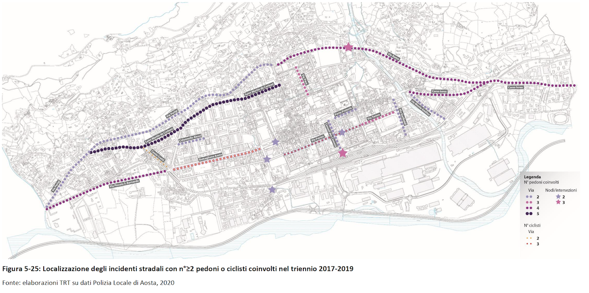 Localizzazione degli incidenti stradali con n°≥2 pedoni o ciclisti coinvolti nel triennio 2017-2019