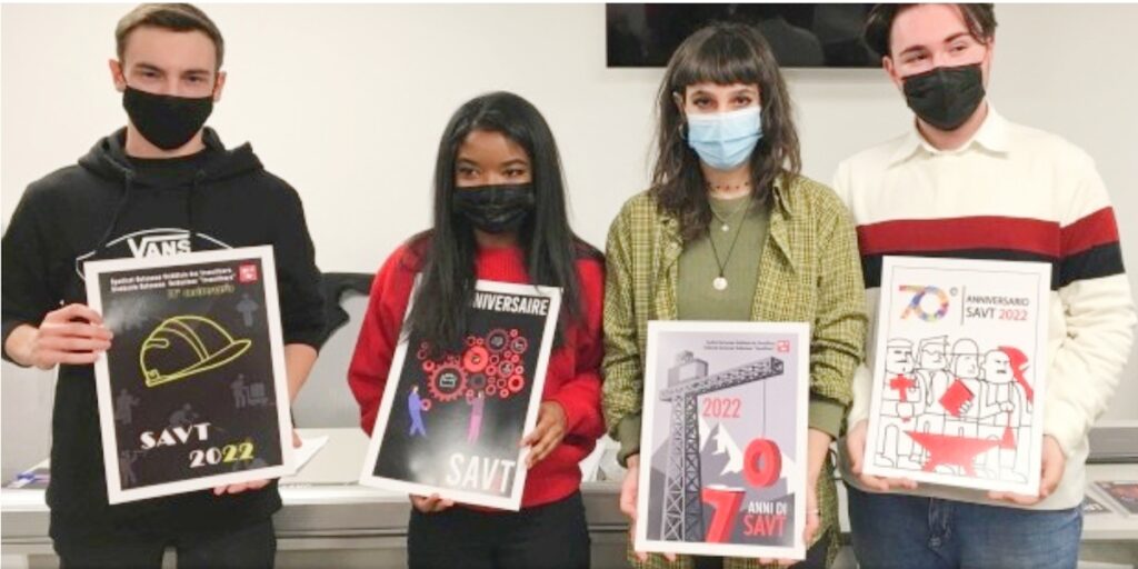 Concorso grafico 2022, gli studenti del Liceo Artistico premiati dal SAVT. Da sinistra: Ian Cieri, la vincitrice Laurenciah Mochet, Camilla Gazzola ed Eljo Bardhoku