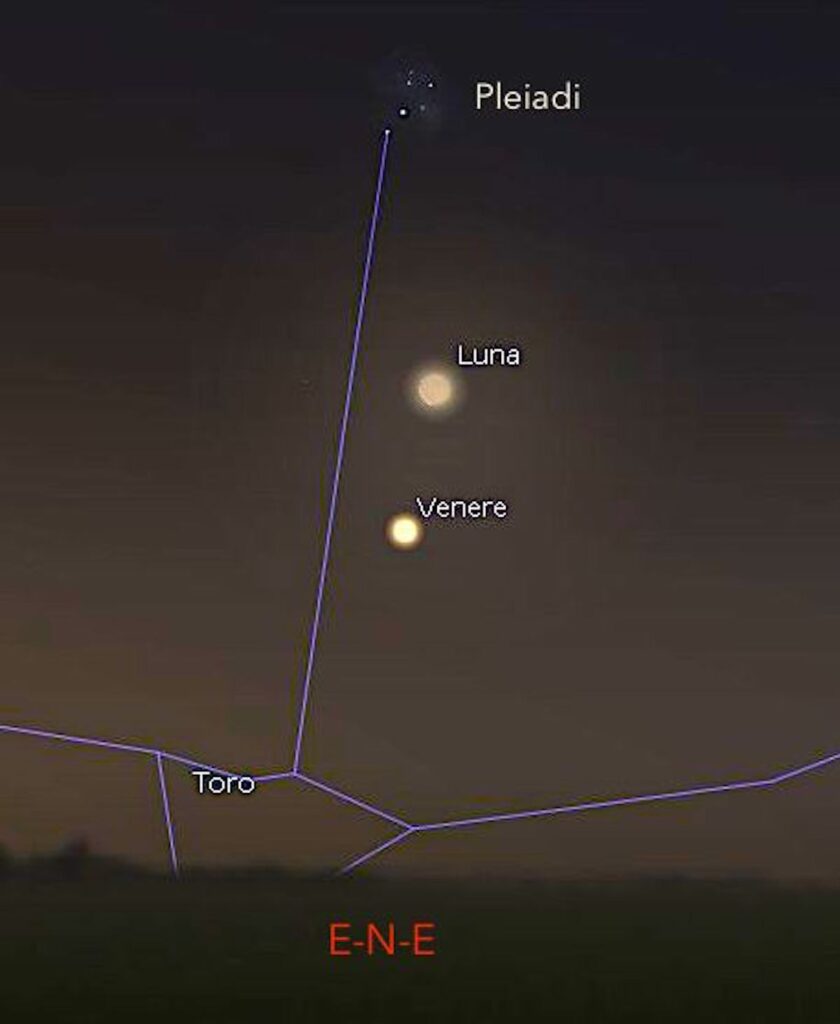 La spettacolare configurazione di Venere, Luna e Pleiadi il 26 giugno (attorno alle 4.30). Immagine generata con il software Stellarium (http://stellarium.org) 