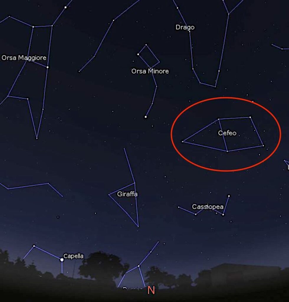 La posizione della costellazione circumpolare del Cefeo il 15 giugno alle 23.00 di Ora Legale Estiva. Immagine generata con il software Stellarium (http://stellarium.org) 