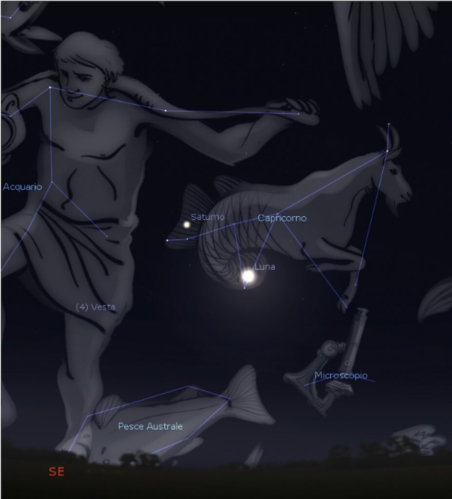 La spettacolare configurazione tra Luna e Saturno l’11 agosto attorno alle 23.30. Immagine generata con il software Stellarium (http://stellarium.org)