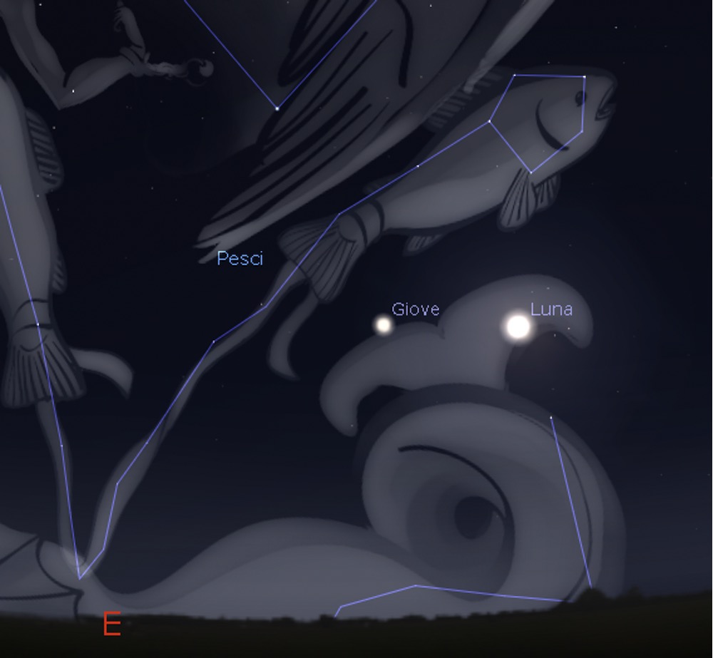 Luna e Giove vicini a mezzanotte del 14 agosto. Immagine generata con il software Stellarium (http://stellarium.org )  