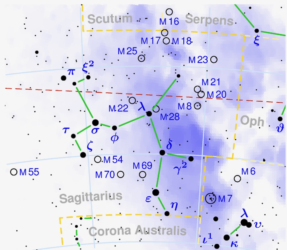 La costellazione del Sagittario. Credit: Wikimedia via commons (CC BY-SA 3.0), (https://commons.wikimedia.org/w/index.php?curid=26664)
