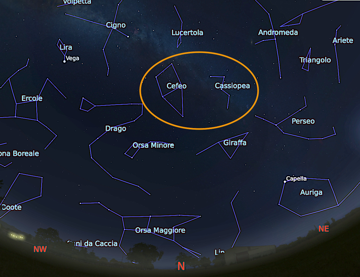La posizione delle costellazioni circumpolari Cassiopea e Cefeo il 15 settembre attorno alle 23.00 di Ora Legale Estiva. Immagine generata con il software Stellarium (http://stellarium.org)