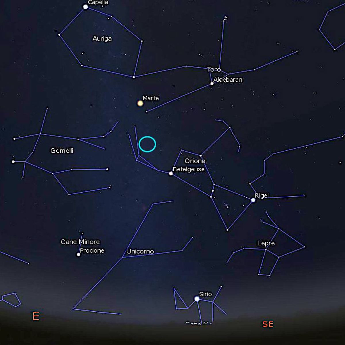 Con il cerchio celeste abbiamo evidenziato la posizione sulla volta celeste del radiante delle Orionidi, le meteore visibili attorno al 21-22 ottobre. Poco sopra è visibile anche 