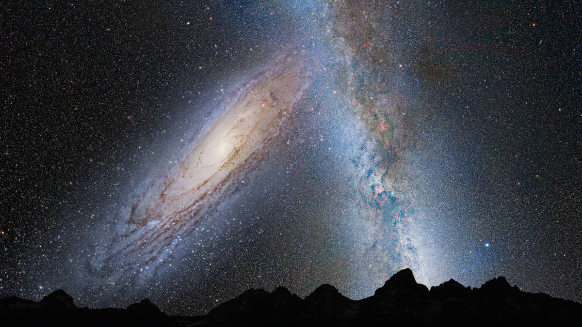 Simulazione dell'interazione tra la nostra Galassia e la galassia di Andromeda (M31) vista dalla Terra tra 3,75 miliardi di anni. A sinistra si vede M31 che riempie il campo di vista e comincia a distorcere gravitazionalmente la nostra Galassia con effetti mareali visibili. Credits: NASA; ESA; Z. Levay and R. van der Marel, STScI; T. Hallas; and A. Mellinger
