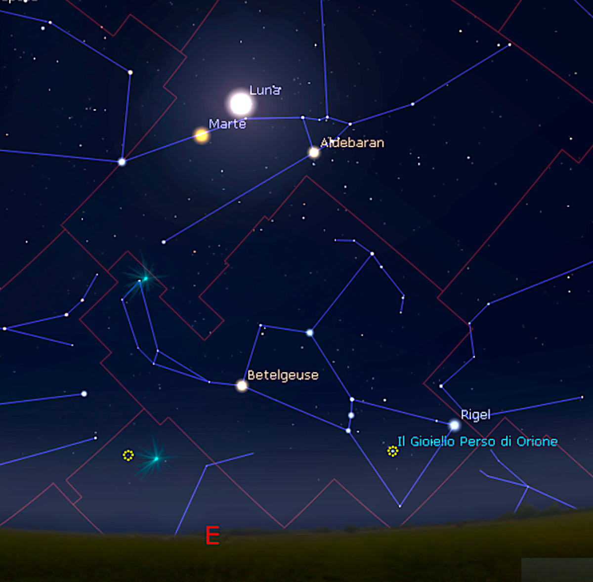 La spettacolare congiunzione tra Luna e Marte nella costellazione del Toro del 7 dicembre, che avviene in una zona di cielo ricca di stelle. Immagine generata con il software Stellarium (http://stellarium.org).