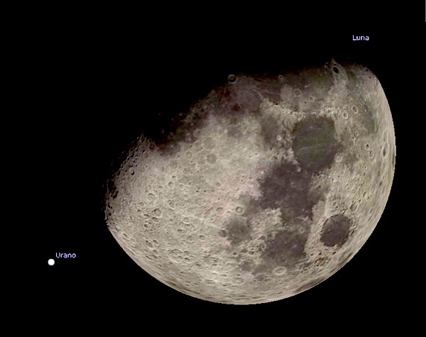 La coppia Luna-Urano nel momento del minimo avvicinamento poco dopo la mezzanotte del 1° gennaio 2023. Immagine generata con il software Stellarium (http://stellarium.org )      