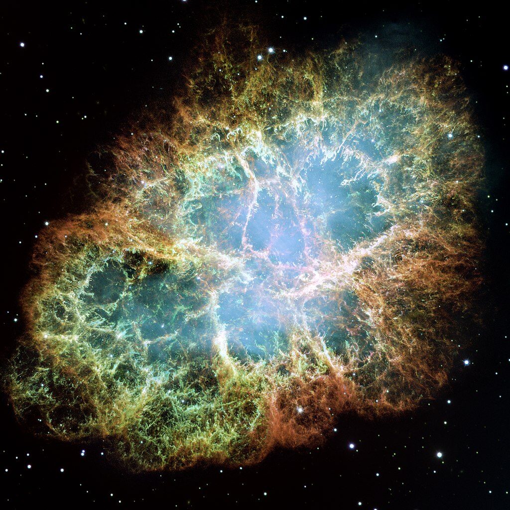 Il residuo di supernova M1, chiamato anche “Nebulosa Granchio”.  Credit: NASA, ESA and Allison Loll/Jeff Hester (Arizona State University). Acknowledgement: Davide De Martin (ESA/Hubble) (https://esahubble.org/images/heic0515a/) 