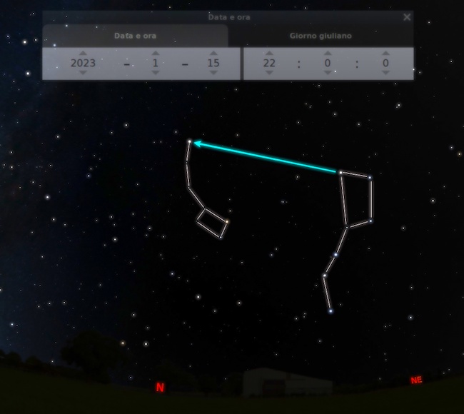 Ecco come trovare la Stella Polare grazie al Grande Carro, attorno alla metà del mese. Immagine generata con il software Stellarium (http://stellarium.org) 
