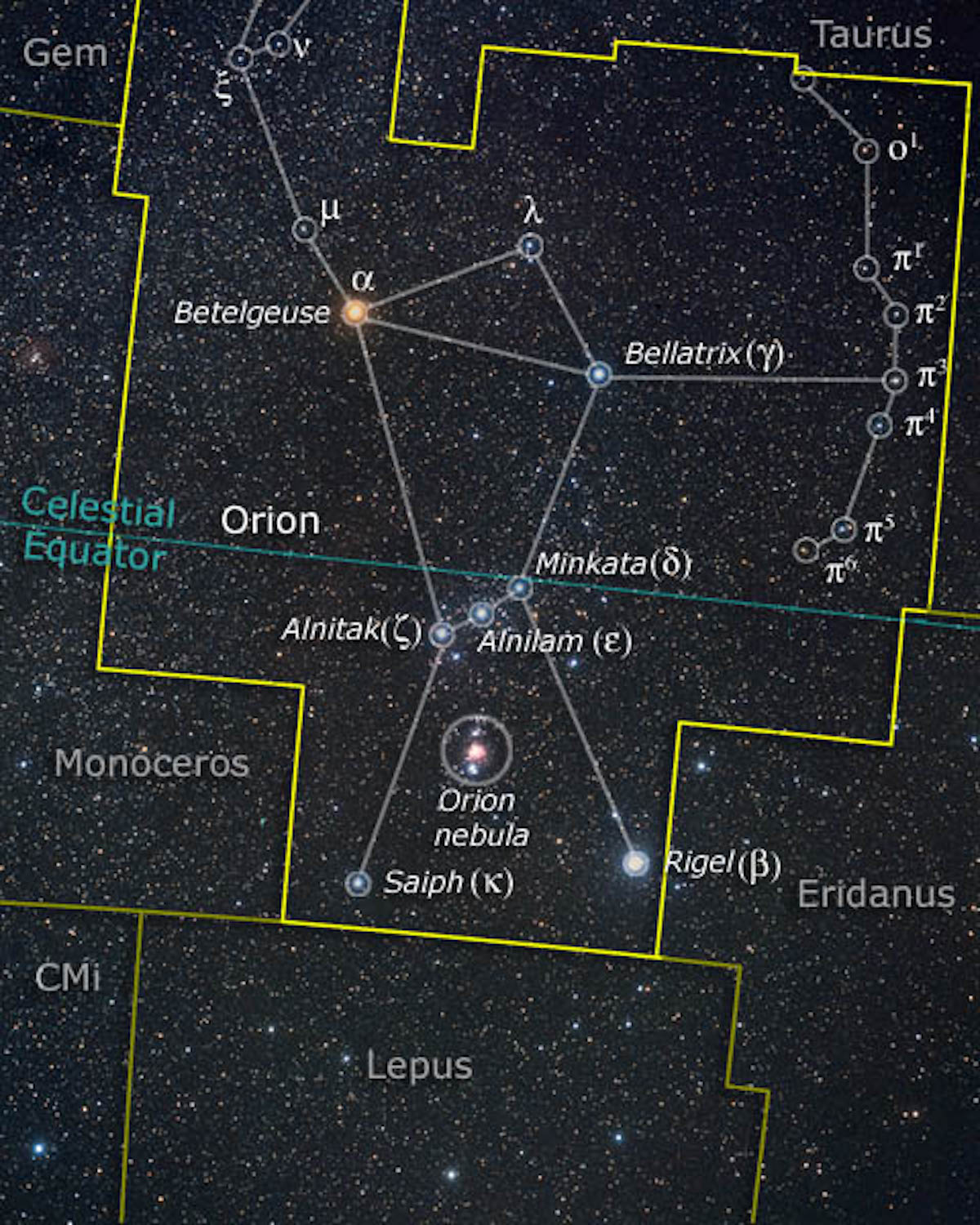 La costellazione di Orione con la sua inconfondibile sagoma. Sono indicate le sue stelle più brillanti. Credit: http://www.davidmalin.com/fujii/image/Ori_www_c.jpg