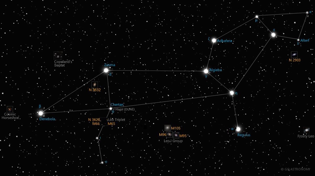 Il Leone con la sua inconfondibile sagoma: Regolo è la stella più brillante visibile in basso a destra. Credit: Go-Astronomy.com (https://www.go-astronomy.com/constellations.php?Name=Leo)