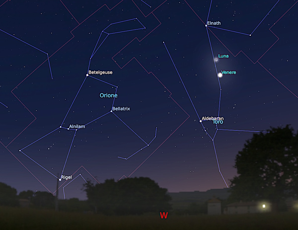 La congiunzione tra Luna e Venere del 23 aprile: l’immagine rappresenta il cielo verso ovest ancora chiaro, attorno alle ore 21.30. Immagine generata con il software Stellarium (http://stellarium.org)    