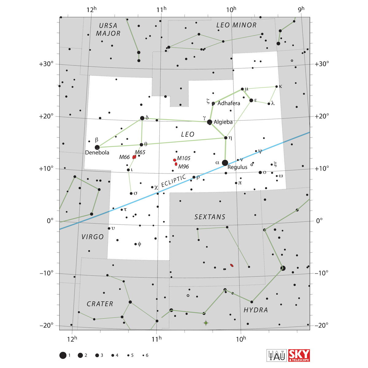 La costellazione del Leone. In rosso sono indicate le galassie più luminose visibili entro i confini di questa costellazione. Credit: IAU and Sky & Telescope (https://www.iau.org/public/images/detail/leo/) 