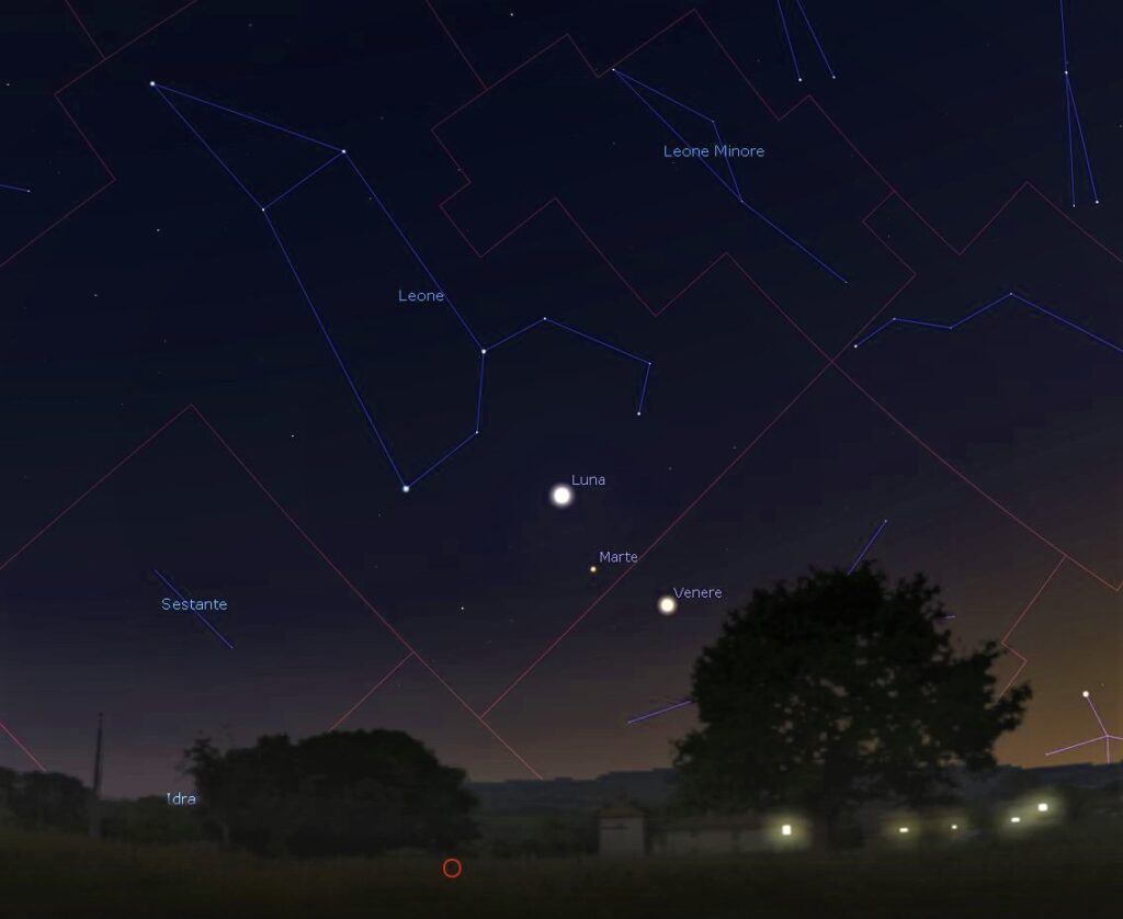 La congiunzione tra Luna, Marte e Venere al crepuscolo del 22 giugno. Immagine generata con il software Stellarium (http://stellarium.org).