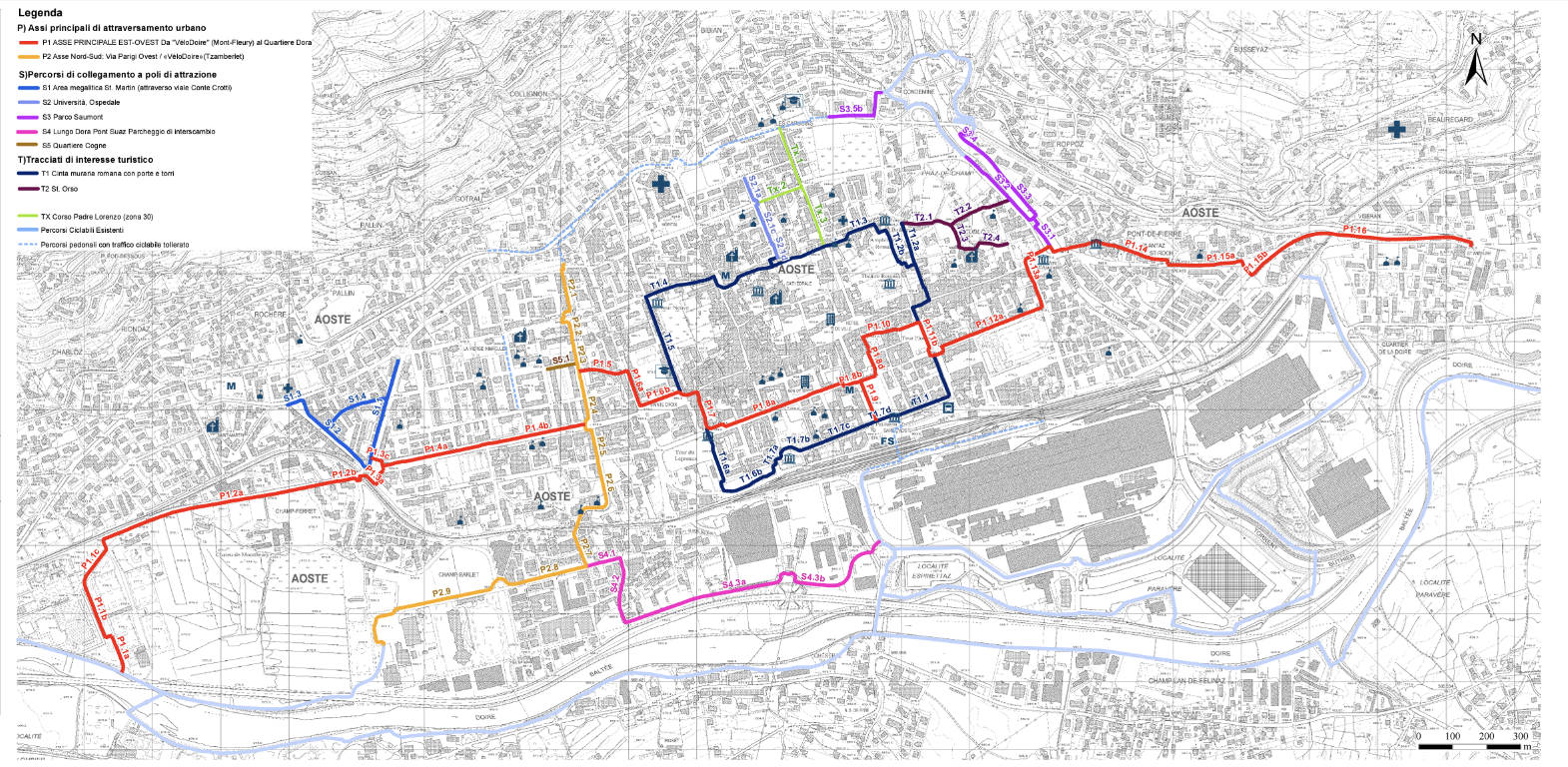 Pista ciclabile Aosta - La mappa delle tratte di Aosta in bicicletta