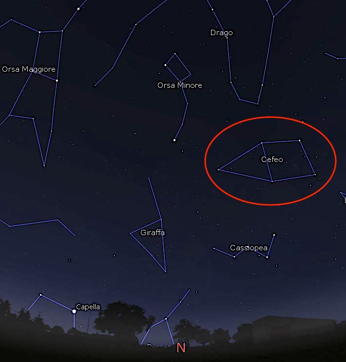 La posizione della costellazione circumpolare del Cefeo il 15 giugno alle 23.00 di ora legale estiva. Immagine generata con il software Stellarium (http://stellarium.org)      