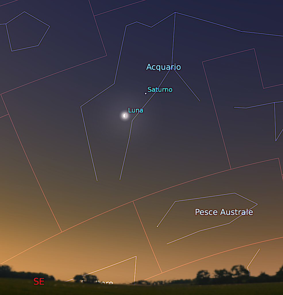 La congiunzione tra Luna e Saturno nella costellazione dell’Acquario all’alba del 10 giugno con un cielo che comincia a schiarire per l’imminente aurora. Immagine generata con il software Stellarium (http://stellarium.org)     