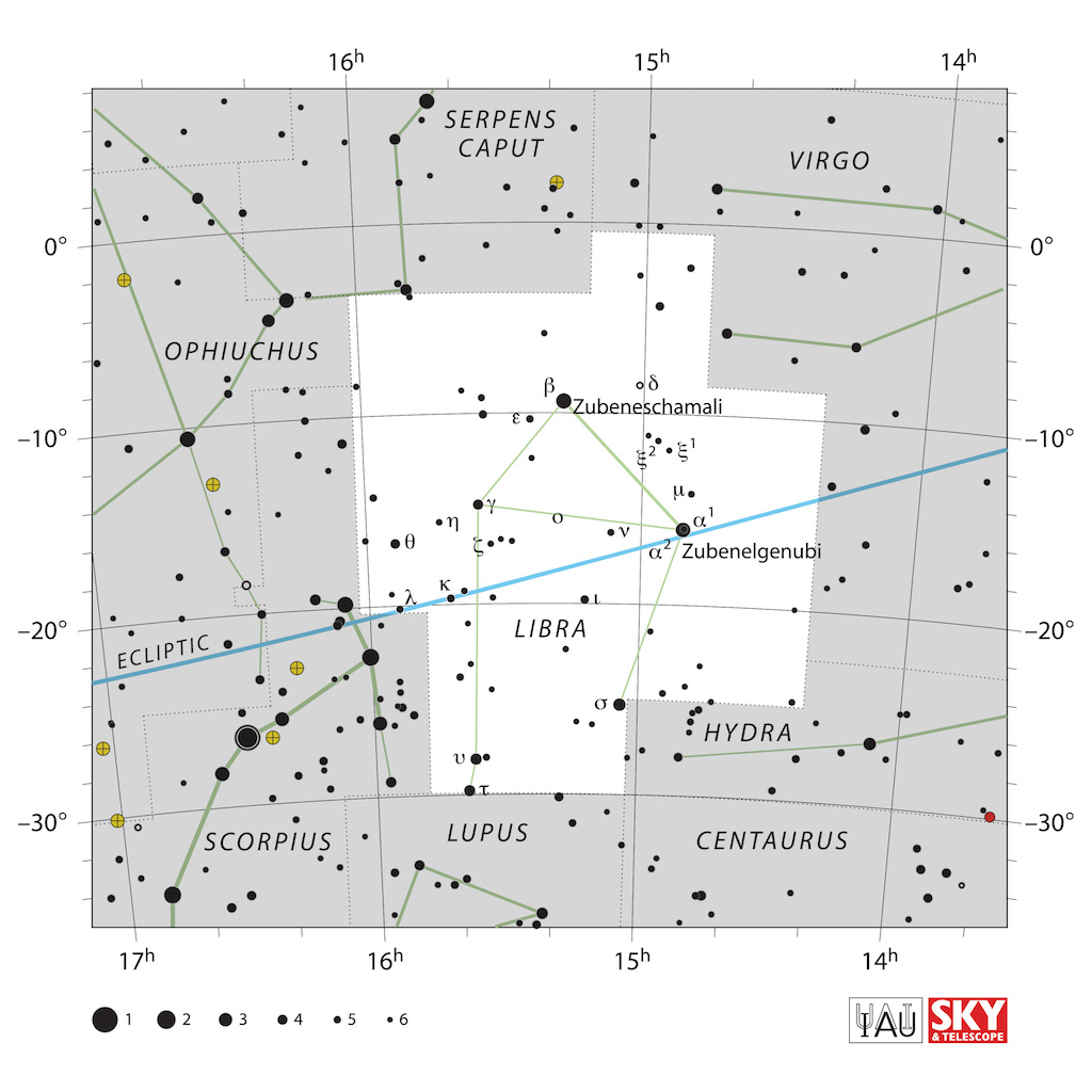 La costellazione della Bilancia. Credit: IAU and Sky & Telescope (https://www.iau.org/static/archives/images/large/lib.jpg)