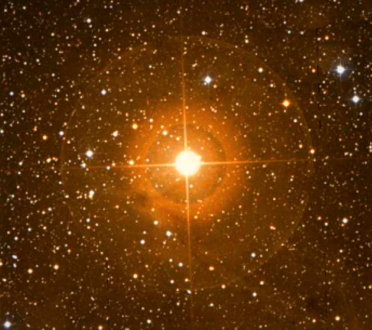 Mu Cephei (conosciuta anche come Erakis o la Stella Granata di Herschel) è una supergigante rossa nella costellazione di Cefeo. Credit: Digitized Sky Survey 2, Association of Universities for Research in Astronomy