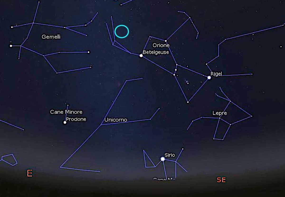 Con il cerchio celeste abbiamo evidenziato la posizione sulla volta celeste del radiante delle Orionidi, le meteore visibili attorno al 21-22 ottobre. Immagine generata con il software Stellarium https://stellarium.org