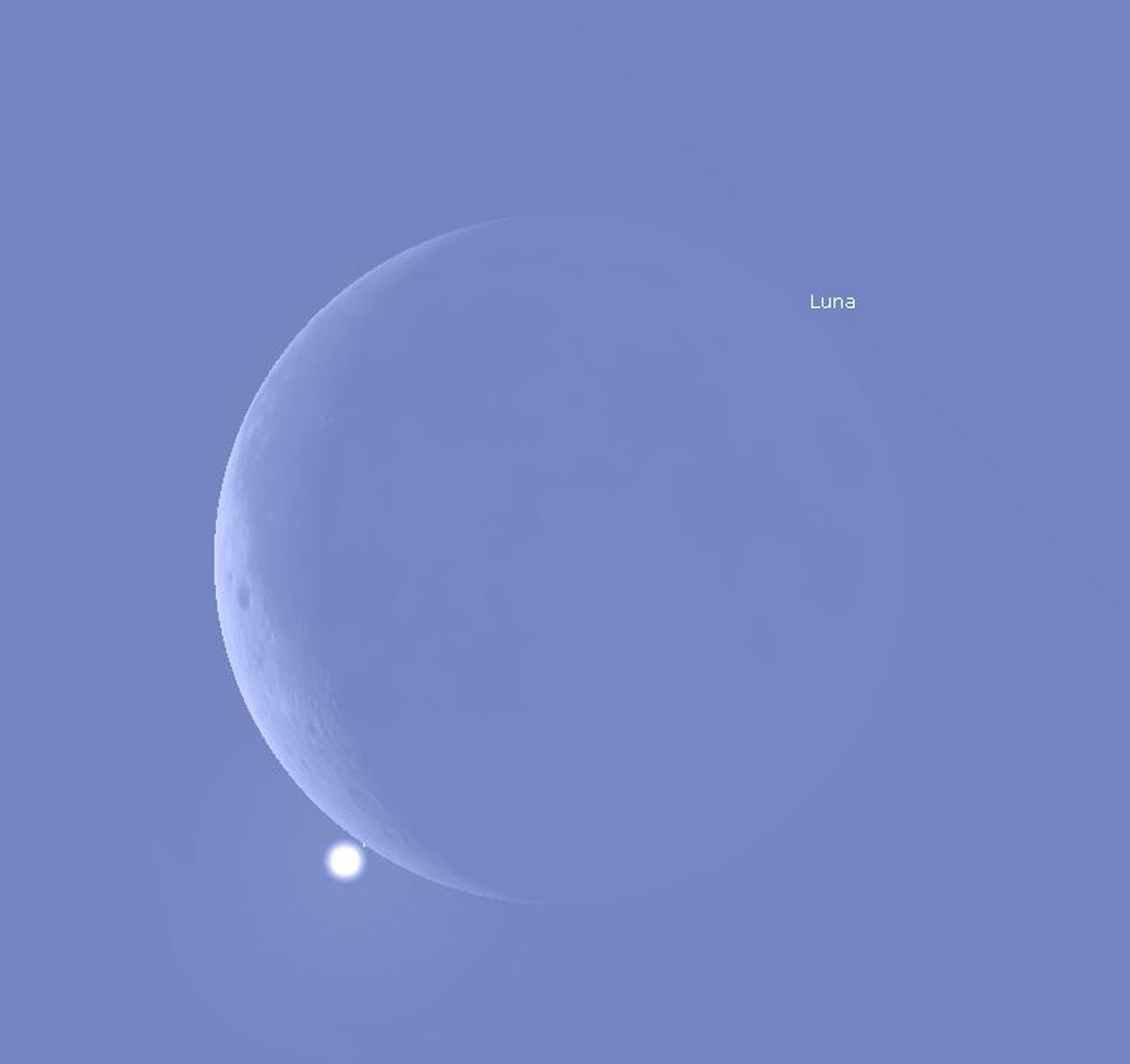 Venere e la Luna, attorno alle 11.00 del mattino del 9 novembre, appena prima dell’occultazione. Immagine generata con il software Stellarium (https://stellarium.org).
