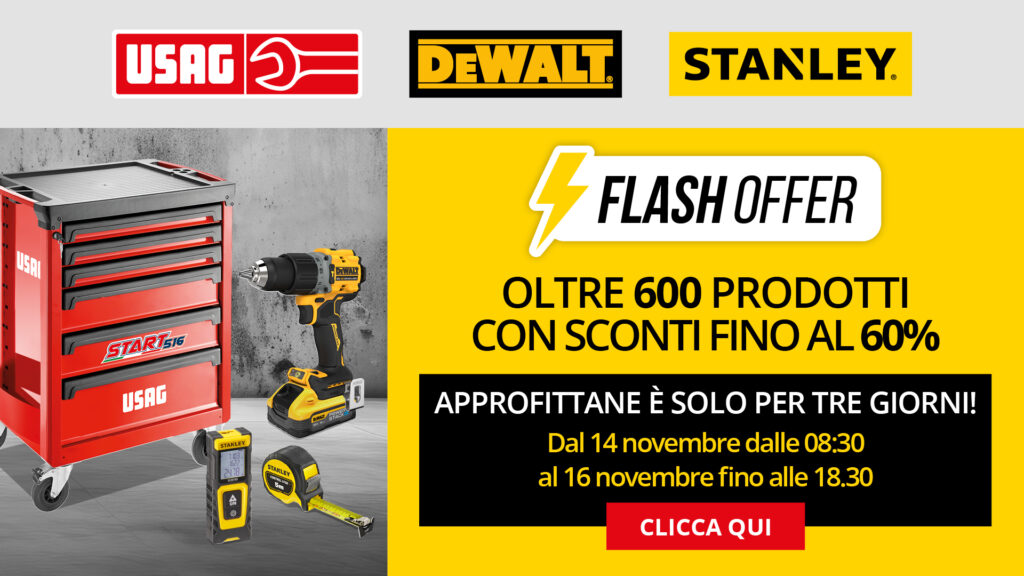 Sconti fino al 60% per tre giorni da Pellegrinelli Store su utensili DeWalt, Stanley e Usag