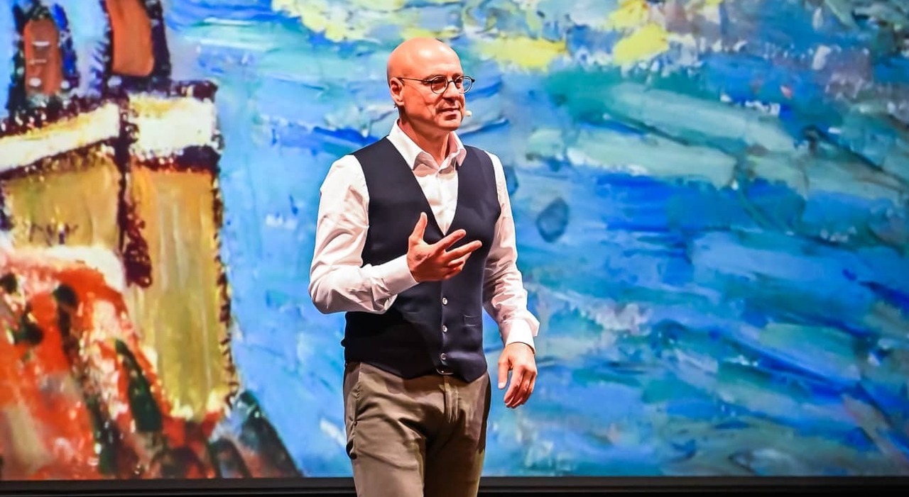 Marco Goldin durante lo spettacolo Gli ultimi giorni di Van Gogh