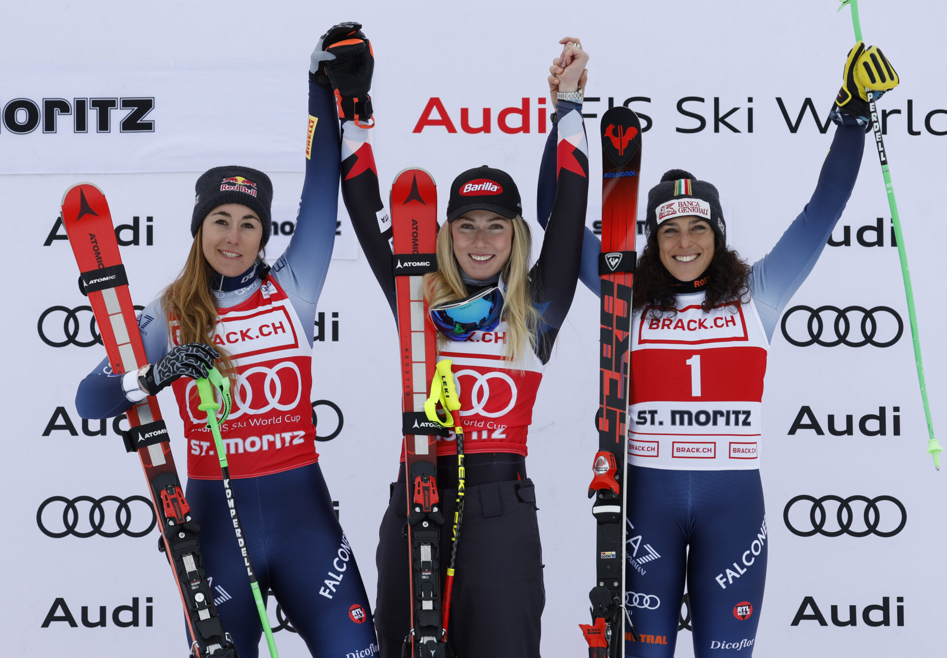 ALPINE SKI WORLD CUP 2023/2024 - Sofia Goggia Mikaela Shiffrin (Usa) Federica Brignone (Ita) St. Moritz, Swierland, 9/12 /2023. photo : Alessandro Trovati / Pentaphoto