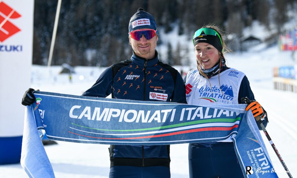 Alessandro Saravalle e Axelle Vicari foto Roger Berthod Facebook Gran Paradiso Winter Triathlon