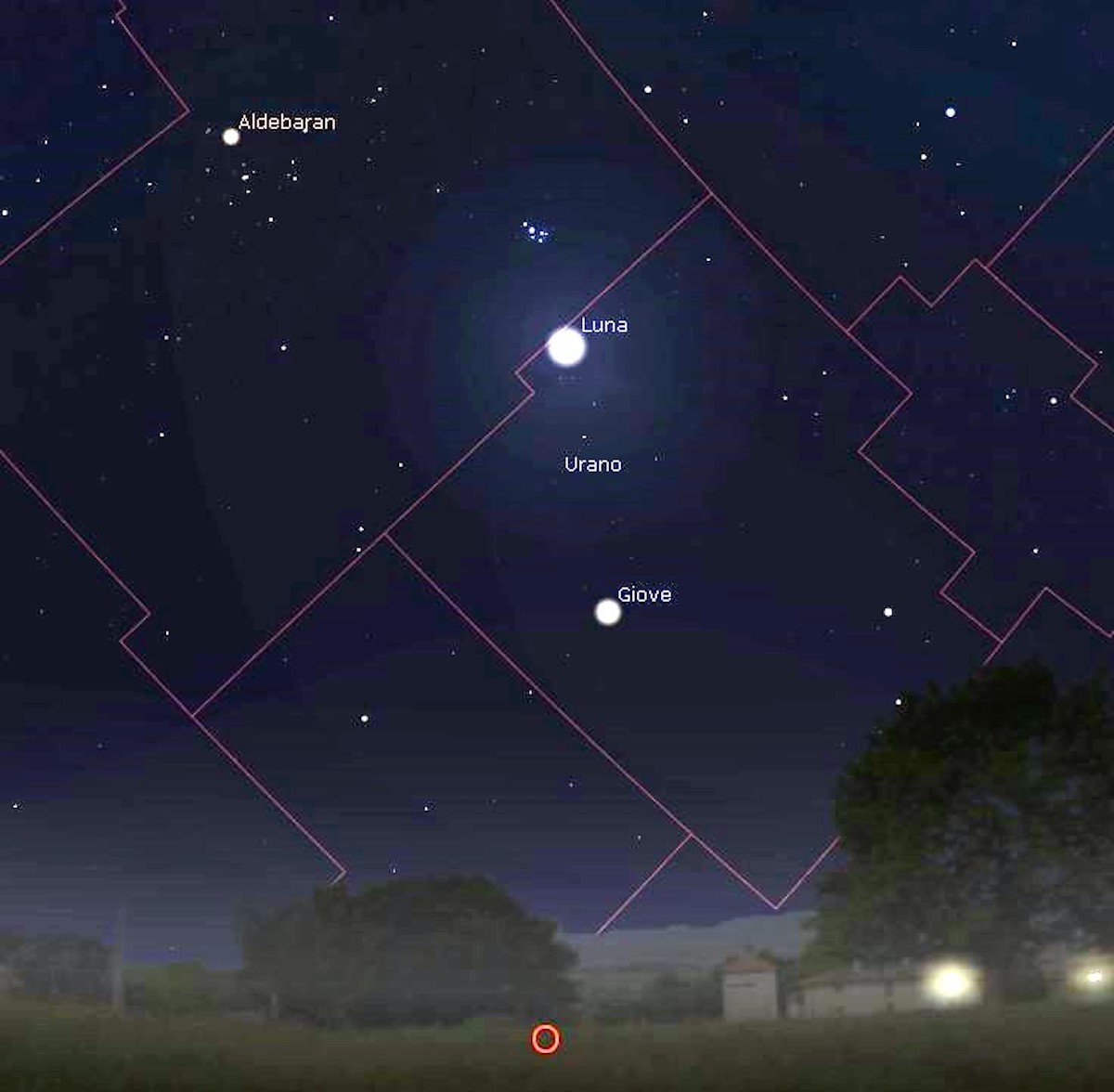 La congiunzione tra Luna e Giove del 14 marzo, visibile osservando il cielo a sudovest attorno alle ore 18.00. Immagine generata con il software Stellarium (https://stellarium.org)