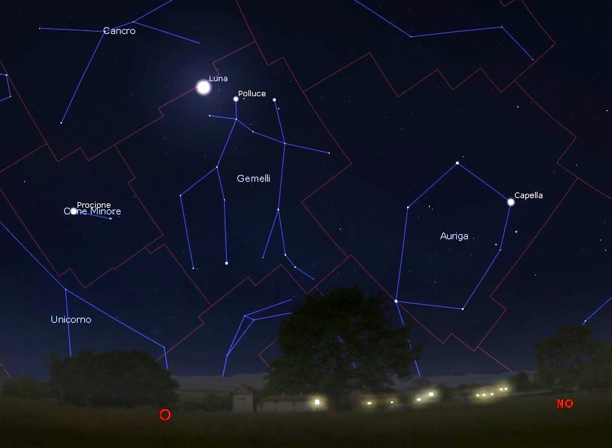 Nell’immagine, che ritrae il cielo verso ovest il 15 aprile alle 23.30, è visibile la posizione della Luna vicina a Polluce, la stella più brillante dei Gemelli. Immagine generata con il software Stellarium (http://stellarium.org)