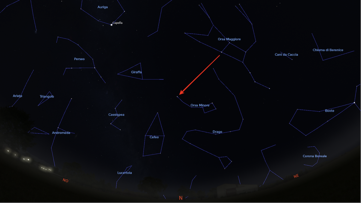 Ecco come trovare la Stella Polare grazie al Grande carro. Immagine generata con il software Stellarium (https://stellarium.org)
