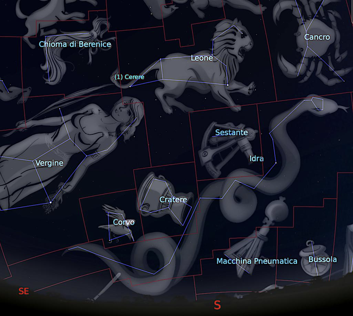 La costellazione dell’Idra tra il Leone, il Cancro e il Corvo. Immagine generata con il software Stellarium (http://stellarium.org)