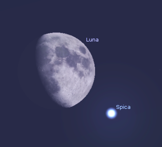 La congiunzione stretta tra Luna e Spica, la stella più brillante della costellazione della Vergine, la sera del 16 giugno. Immagine generata con il software Stellarium (http://stellarium.org)