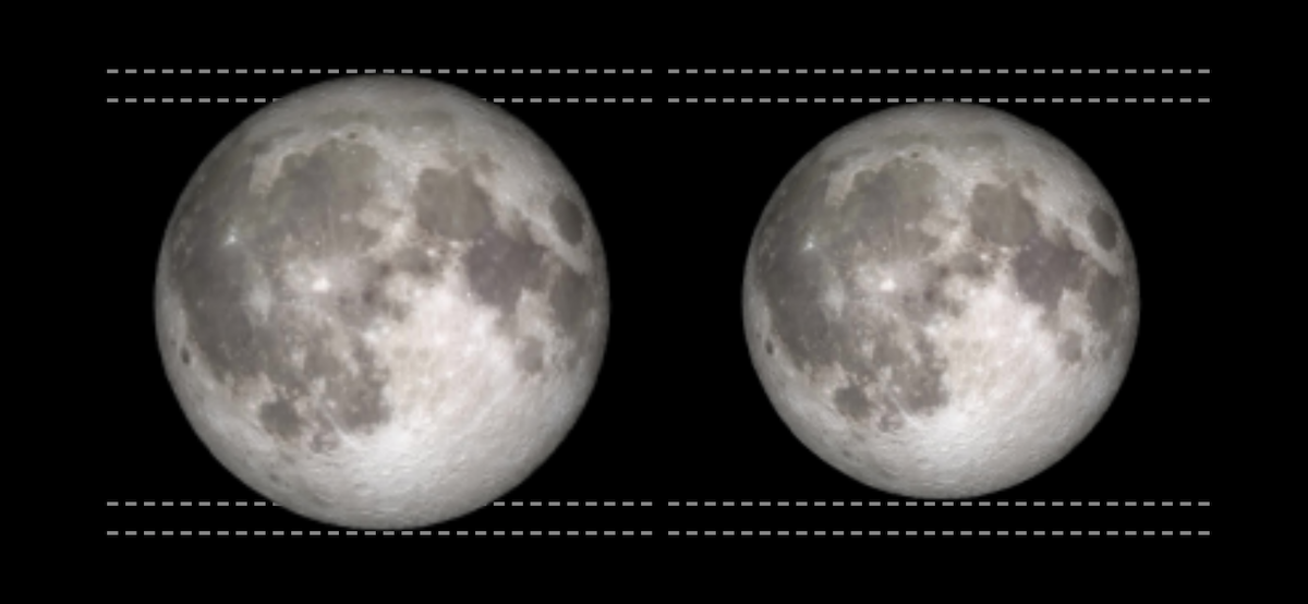 Paragone tra le dimensioni angolari della Luna piena in situazioni diverse: a sinistra, il caso ideale della Luna piena esattamente al perigeo, cioè alla minima distanza orbitale dalla Terra; a destra, il caso opposto della Luna piena esattamente all’apogeo, cioè alla massima distanza orbitale dalla Terra, detta anche Microluna. La Superluna di questo mese è prossima alla situazione più favorevole, ma a occhio nudo non è possibile accorgersi delle piccole differenze rispetto alla norma. Credit: nostra elaborazione grafica delle immagini simulate della Luna di Tom Ruen, confronto realizzato da Dominic Ford per il sito In-The-Sky.org (https://in-the-sky.org/news.php?id=20240821_08_100)