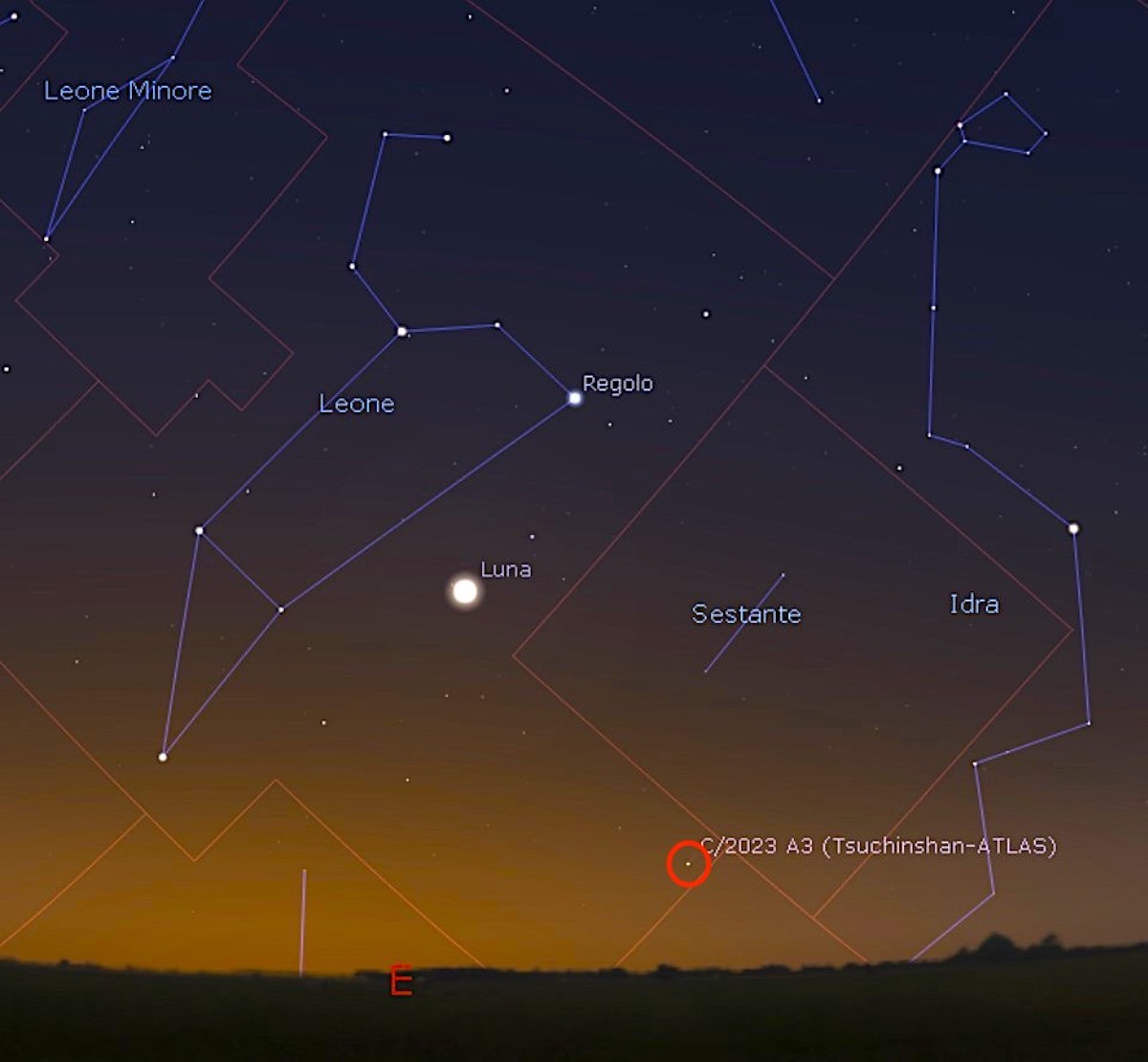 La posizione della cometa Tsuchinshan-ATLAS (segnata dal cerchietto rosso) guardando verso est all’alba del 30 settembre, vista da una località del centro Italia. Come si vede, ai primi chiarori l’altezza della cometa sopra l’orizzonte è piuttosto modesta. Elaborazione con il software Stellarium