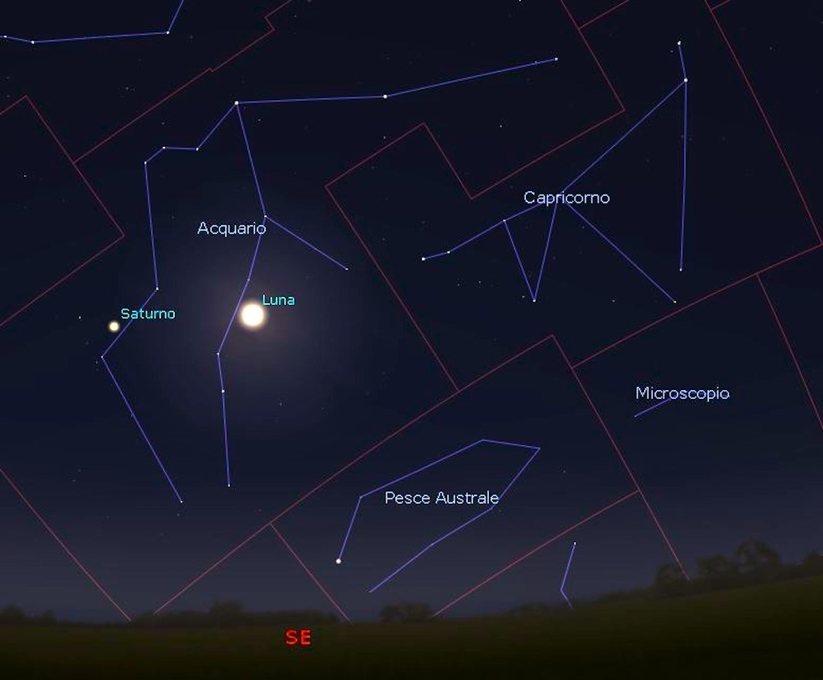 La congiunzione tra Luna e Saturno all’interno dei confini della costellazione dell’Acquario la sera del 16 settembre. Elaborazione con il software Stellarium