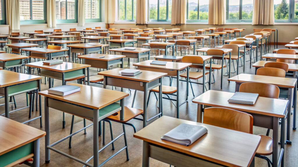 Empty classroom with rows of desks cluttered with notes, books,