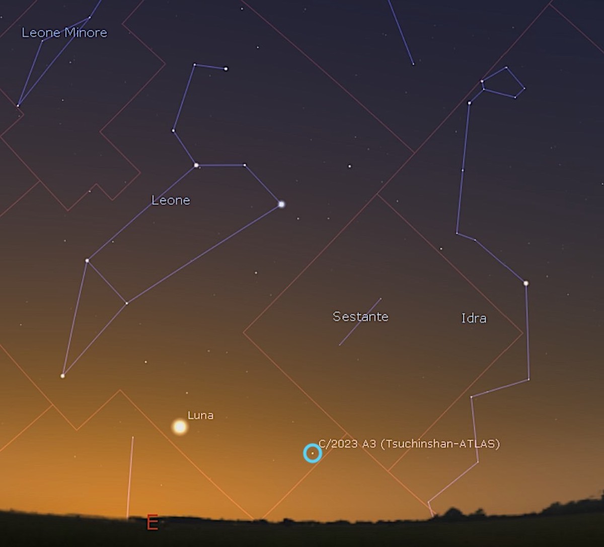 Posizione della cometa Tsuchishan-ATLAS (C/2023 A3) alle 6.30 del 1° ottobre (la cometa è indicata dal cerchietto celeste). Come si vede la cometa ha una modesta altezza (6° circa) sopra l’orizzonte orientale nella costellazione del Leone. Immagine generata con il software Stellarium