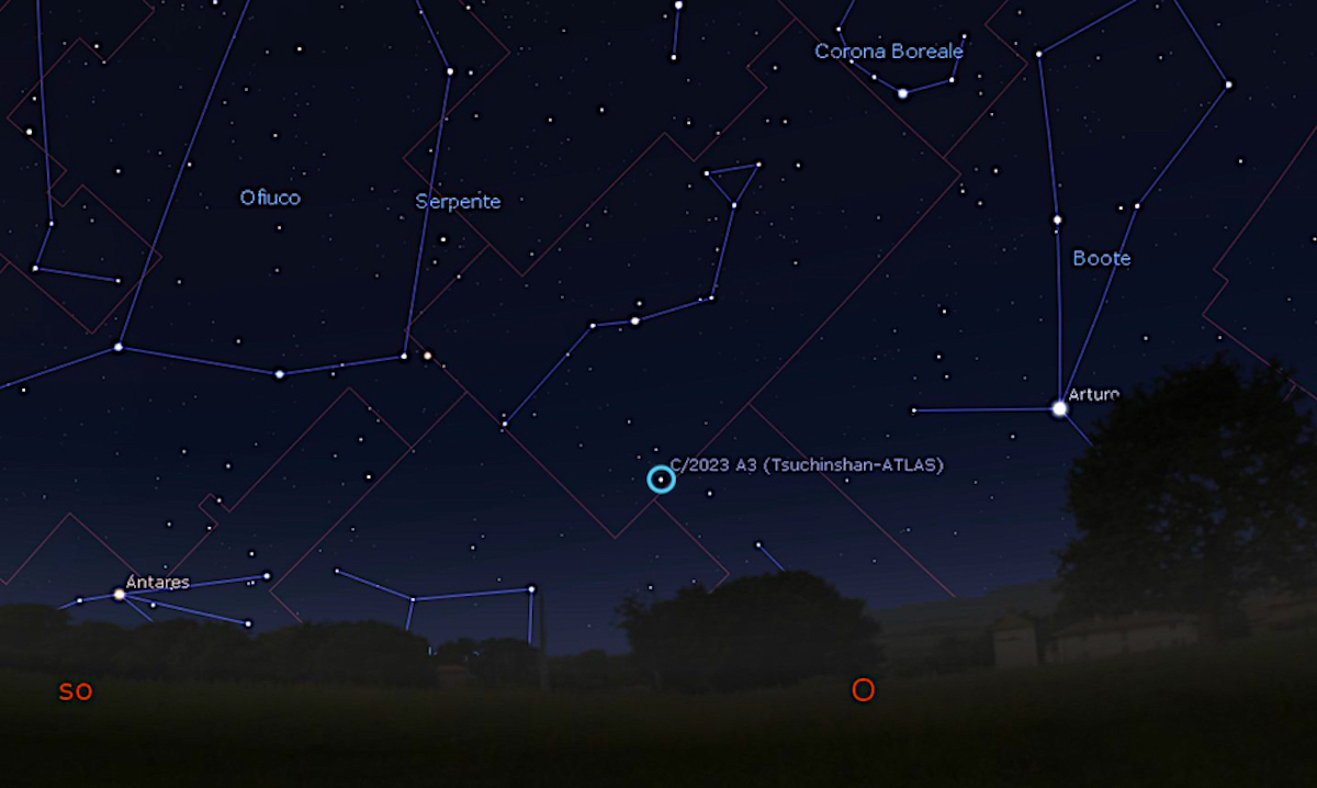 Posizione della cometa il 15 ottobre alle 19.30, tre giorni dopo il passaggio ravvicinato al nostro pianeta. Come si vede, già mezz’ora dopo il tramonto del Sole all’orizzonte teorico la cometa potrebbe essere visibile verso ovest all’altezza di una dozzina di gradi circa. Nei giorni successivi la distanza angolare dal Sole dell’astro chiomato aumenta progressivamente rendendo la cometa maggiormente visibile. Immagine generata con il software Stellarium