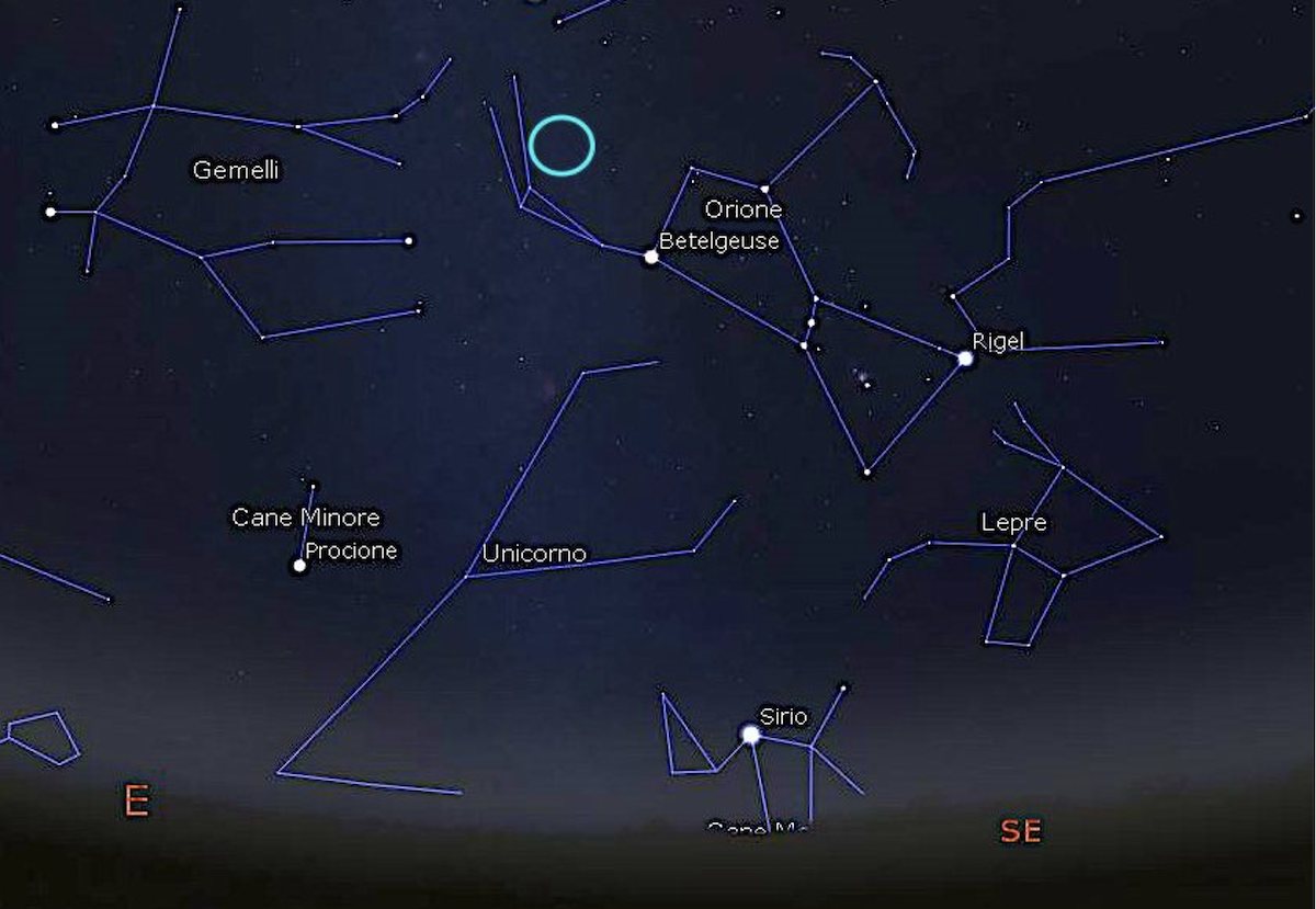 Con il cerchio celeste abbiamo evidenziato la posizione sulla volta celeste del radiante delle Orionidi, le meteore visibili attorno al 21-22 ottobre. Immagine generata con il software Stellarium